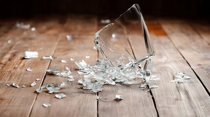 Aufkleber - Shattered Glass Pieces Spread Across a Wooden Surface Capturing the Impact of Fragility : Generative AI