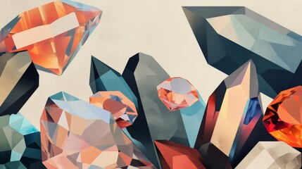 Aufkleber - A striking abstract illustration featuring geometric crystal formations in shades of blue, orange, and red. The faceted surfaces create a modern and futuristic aesthetic. AI generated.