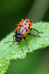 Poster - Vibrant orange and black spotted beetle perched on a green leaf showcasing nature's intricate beauty : Generative AI