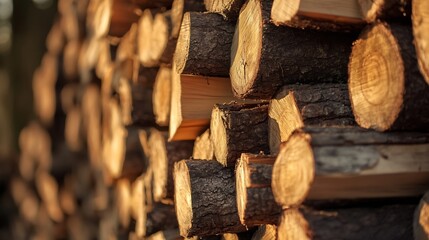 Aufkleber - Beautifully Stacked Logs of Wood in a Warm Golden Light at a Woodpile : Generative AI