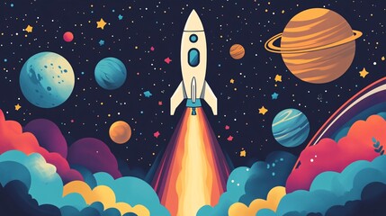 Aufkleber - Vibrant cartoon spaceship launching from colorful clouds amidst planets and stars