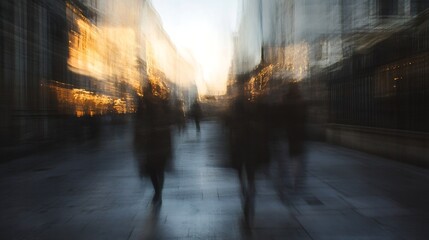 Poster - Dynamic Blurred View of Walking People on a City Street at Sunset : Generative AI