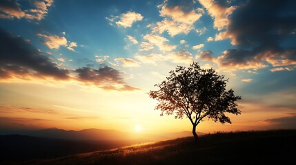 Aufkleber - Lonely tree on a hill during sunset capturing the beauty of nature at dusk : Generative AI