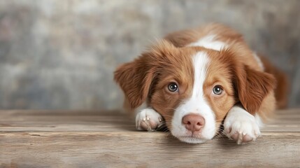 Poster - Adorable brown and white puppy lying down with a gentle expression resting on a wooden surface : Generative AI