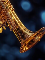 Poster - Close Up of a Shiny Saxophone with Golden Finish Reflecting Light in a Dark Background : Generative AI