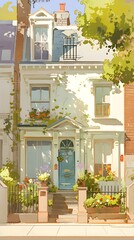 Wall Mural - London terraced houses with detailed brickwork, blue windows, flower boxes, and narrow lanes