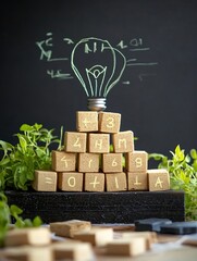 Poster - Creative Light Bulb Concept With Building Blocks Greenery And Science Background : Generative AI