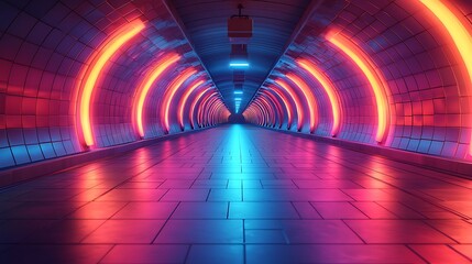 Wall Mural - Neon-lit subway tunnel, vibrant colors, futuristic design, city travel.