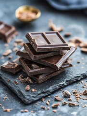 Aufkleber - Tempting Stack of Dark Chocolate Squares on Slate Serving Board with Bits Around : Generative AI