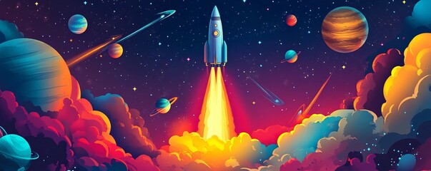 Aufkleber - Spaceship is launching into outer space through colorful clouds and planets