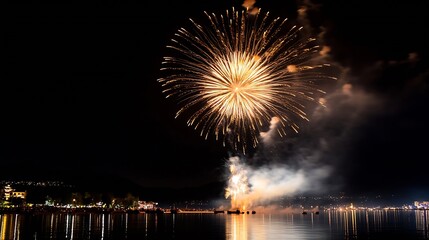 Poster - Spectacular fireworks illuminating night sky reflecting on water at festive celebration : Generative AI