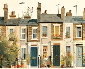 Wall Mural - London terraced houses with detailed brickwork, blue windows, flower boxes, and narrow lanes