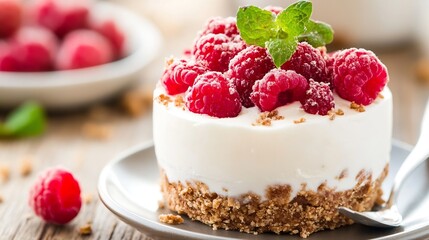 Poster - Delicious Raspberry Cheesecake with Mint Garnish on Wooden Table : Generative AI