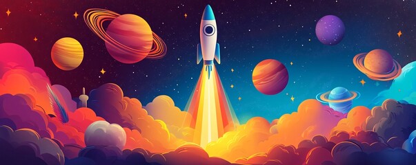 Aufkleber - Spaceship launches from vibrant clouds amidst a backdrop of planets and stars