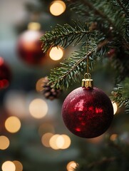 Poster - Festive Christmas tree closeup with red ornaments and warm lights creating a cozy holiday atmosphere : Generative AI