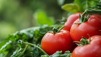 Poster - Fresh Red Tomatoes on a Green Leafy Background with Water Drops : Generative AI