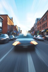 Aufkleber - Dynamic City Scene with Blurred Cars and Buildings Captured During Daylight : Generative AI