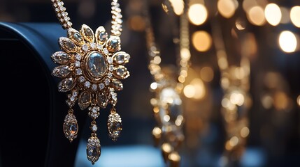 Aufkleber - Elegant golden jewelry necklace with sparkling gems displayed in soft lighting for luxury appeal : Generative AI