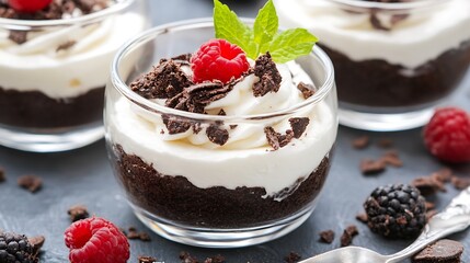 Aufkleber - Decadent Chocolate Dessert in Glass with Whipped Cream and Berries for a Delightful Treat : Generative AI