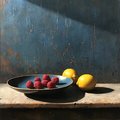 Wall Mural - Raspberries in a blue bowl with lemons, bathed in light against a textured, blue-painted wall.