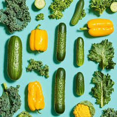 Sticker - Vibrant vegetables: cucumbers, yellow bell peppers, and kale arranged on a light blue background.