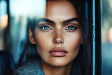 Wall Mural - Portrait of caucasian young female with intense gaze behind glass