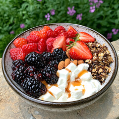 Canvas Print - Delicious and colorful berry breakfast bowl with yogurt, granola, almonds, and a sweet drizzle on a sunny day.