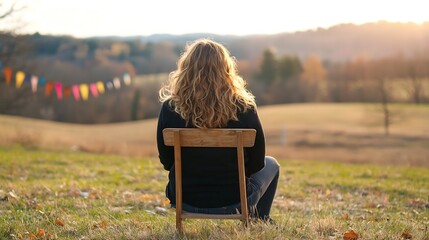 Poster - Woman Sitting in A Chair Looking at Beautiful Landscape During Sunset in Autumn : Generative AI