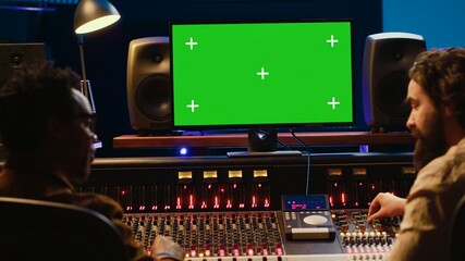 Aufkleber - Diverse producers mixing and mastering tracks with mockup display on computer, recording before adding effects in post production. Artist and sound engineer twisting control desk knobs. Camera A.