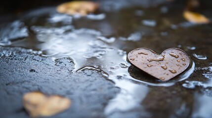 Aufkleber - Heart shaped leaf on wet ground symbolizing love and nature in rainy season : Generative AI