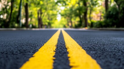 Aufkleber - Vibrant Tree Lined Road with Fresh Asphalt and Yellow Lines in a Bright Urban Setting : Generative AI