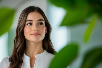 Wall Mural - Young caucasian female in serene indoor setting with greenery