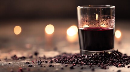 Poster - Luxury Candle Lit with Glass of Dark Red Wine Surrounded by Dried Flowers and Blurred Warm Lights : Generative AI