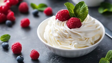 Poster - Delicious Creamy Whipped Cream with Fresh Raspberries and Mint Leaves : Generative AI