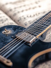 Poster - Close Up of Acoustic Guitar on Sheet Music Capturing Musical Passion and Artistry : Generative AI