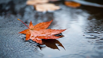Poster - Autumn leaf resting gently on a puddle reflecting vibrant colors of the season : Generative AI