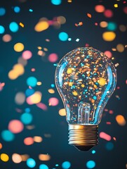 Poster - Colorful Confetti Burst Around a Hanging Light Bulb with Sparkling Glitter Effects : Generative AI