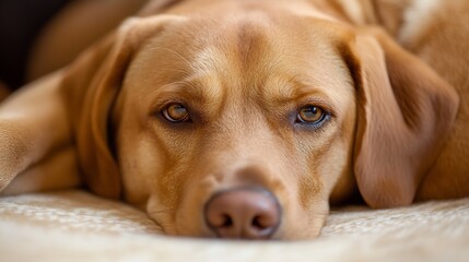 Poster - Close up portrait of a relaxed brown dog lying down with expressive eyes and soft fur : Generative AI