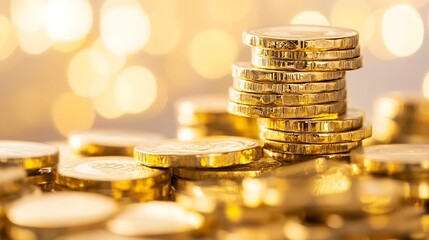 Poster - Close up of shiny gold coins stacked for financial concept and wealth accumulation : Generative AI