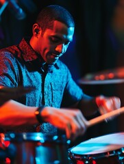 Poster - Energetic male drummer performing passionately on stage with vibrant lights : Generative AI