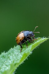 Poster - Close Up of a Beautiful Black and Brown Beetle Sitting on a Green Leaf in Nature : Generative AI
