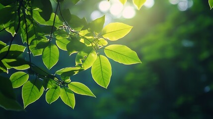 Poster - Sunlit Green Leaves with Soft Focus in Natural Light Creating a Calm and Peaceful Atmosphere : Generative AI