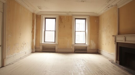 Poster - Empty Room with Lightly Worn Yellow Walls and Wooden Floor in a Vintage Style : Generative AI