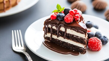 Poster - Decadent Chocolate Cake Slice Topped with Berries and Mint Leaves Scrumptious Dessert : Generative AI