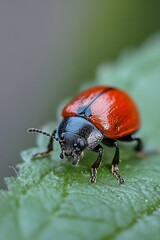 Poster - Close Up of a Vibrant Red Beetle on Green Leaf with Detailed Texture : Generative AI