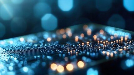 Fototapete - Futuristic Electronic Circuit Board with Glowing Lights and Designs : Generative AI
