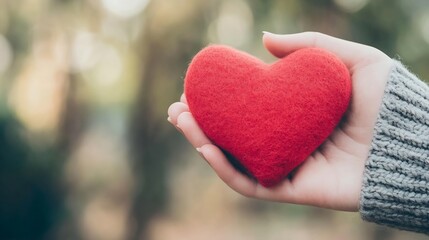 Poster - Red Felt Heart in Hand Against a Soft Blurry Outdoor Background Representing Love and Care : Generative AI