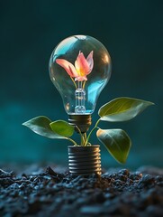 Aufkleber - Innovative Light Bulb with Flower and Green Plant Symbolizing Eco-Friendly Ideas : Generative AI