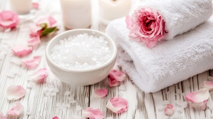 Aufkleber - Relaxing spa setting with rose petals and bath accessories for self care : Generative AI