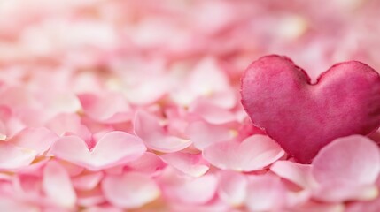Poster - Beautiful pink heart on soft flower petals creating a romantic spring atmosphere for love and wedding themes : Generative AI